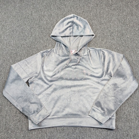 Juicy Couture Y2K Velour Hoodie Large Gray Rhinestone Monogram McBling Cropped — photo 2